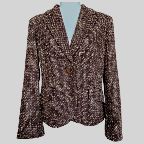 Jones New York brown and cream jacket blazer wool blend 1-button snap closure 12 - Picture 1 of 15